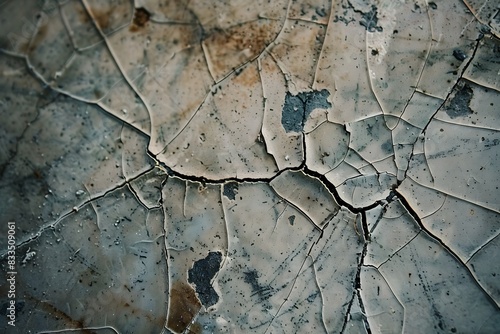 A web of delicate cracks crawls across a textured surface