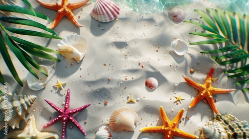 The photo shows a beach with colorful starfish  seashells  and palm leaves  celebrating ocean treasures  focus on  ocean treasures theme  dynamic  blend mode  sandy shore backdrop 