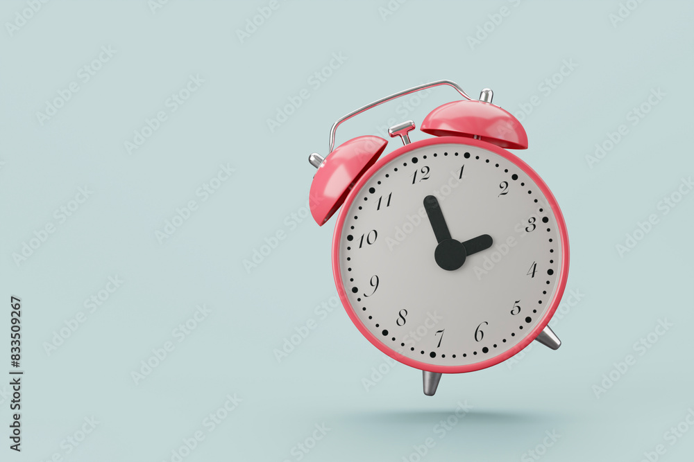 a red alarm on light blue background set at 3.00 o'clock. 3d rendering a red alarm on light blue background set at 3.00 o'clock. 3d rendering