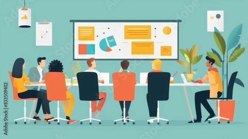 A depicting a team meeting session in a modern office environment The image shows several colleagues gathered around a table engaged in a collaborative brainstorming session with a whiteboard and