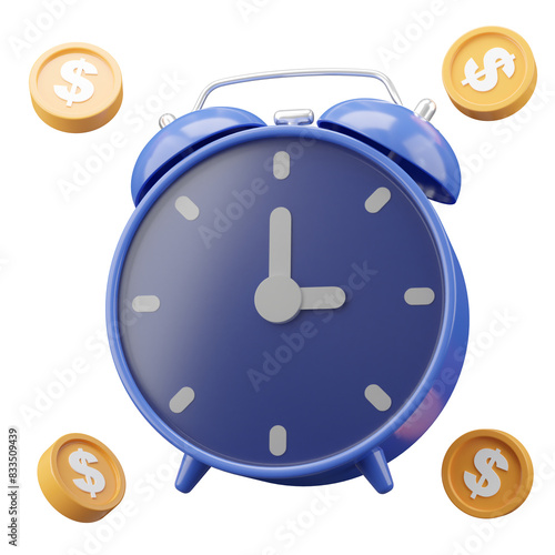 alarm clock with money, a blue alarm clock with gold coins dallar sign isolated on white background. 3d rendering. photo