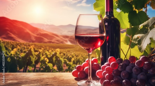 Red wine swirls in a glass. A bush of grapes before harvest. A hand holds a glass of white wine against a vineyard in the background of a rural landscape during sunset.
