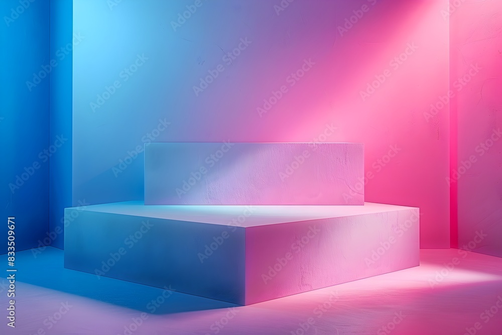A blue and pink room with a pink and blue wall. The room is empty and has a square structure in the middle A blue and pink room with a pink and blue wall. The room is empty and has a square structure in the middle