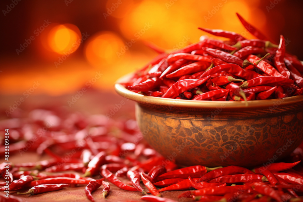 Bowl filled with dried red chili peppers, surrounded by more peppers on a warm-toned surface Bowl filled with dried red chili peppers, surrounded by more peppers on a warm-toned surface