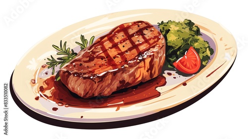 steak dinner flat design side view gourmet meal cartoon drawing colored pastel photo