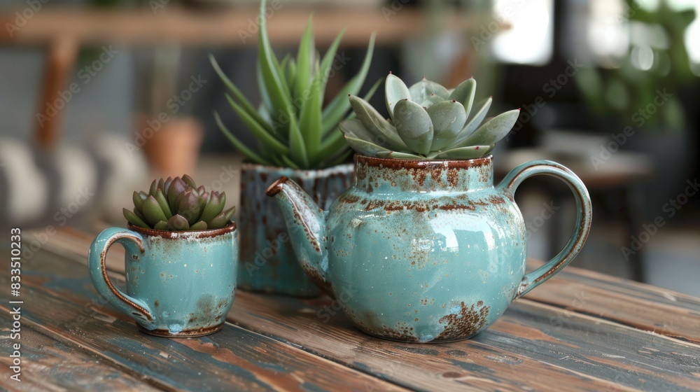 Succulent plant in a ceramic pot next to a metal teapot and mug on a wooden table. Succulent plant in a ceramic pot next to a metal teapot and mug on a wooden table.