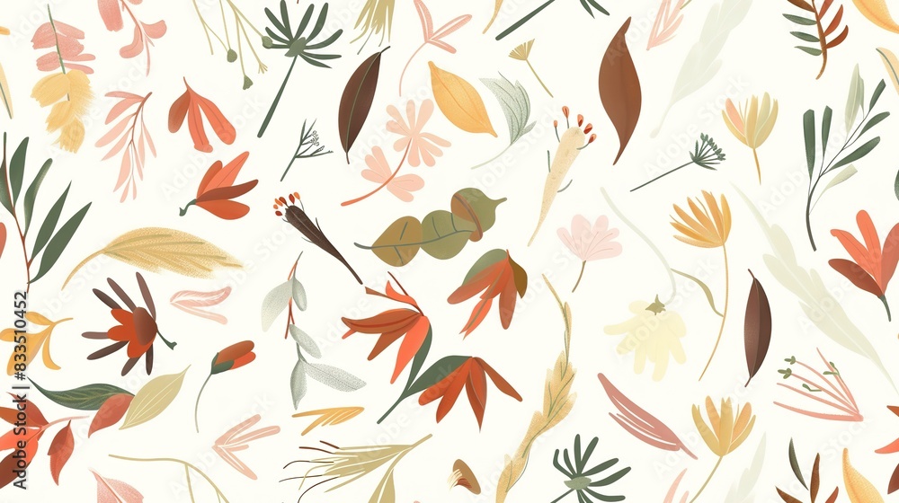 Fototapeta premium Herbarium petals flat design front view vintage theme cartoon drawing Analogous Color Scheme . Seamless Pattern, Fabric Pattern.