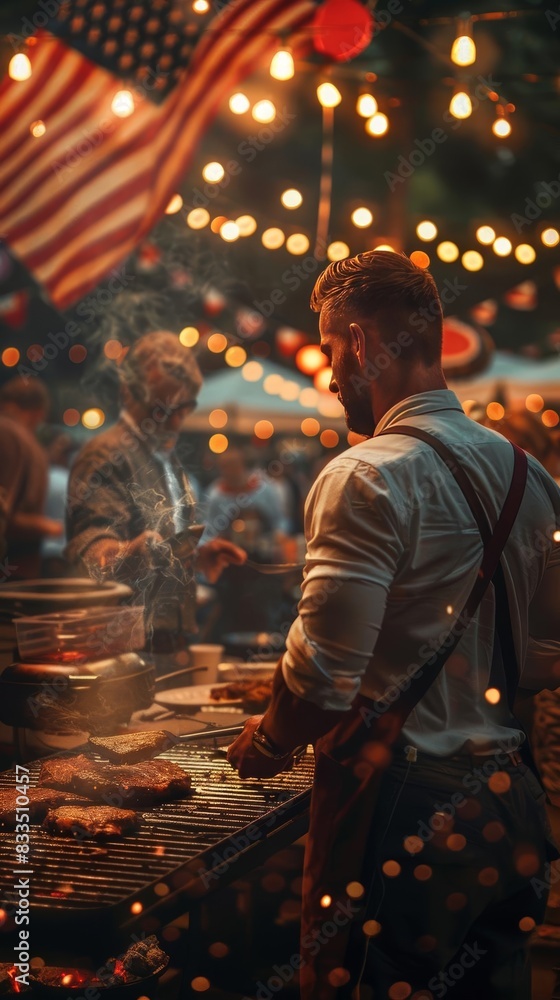 Man grilling food at a festive night market adorned with lights and American flag, capturing a vibrant community atmosphere. Man grilling food at a festive night market adorned with lights and American flag, capturing a vibrant community atmosphere.