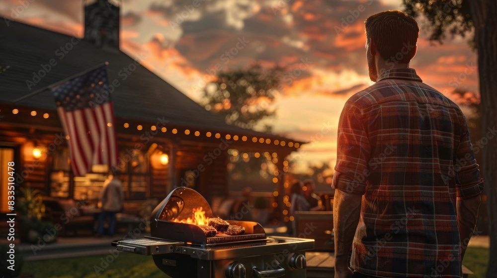 Naklejka premium Man grilling at sunset in front of a cozy cabin with American flag, celebrating summer evening with friends and family outdoors.