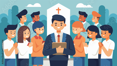 The missionary training session comes to a close with a commissioning ceremony as the trainees are officially sent off on their mission surrounded by. Vector illustration