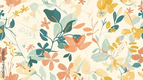 Wallpaper Mural Herbarium petals flat design front view vintage theme cartoon drawing Analogous Color Scheme. Seamless Pattern, Fabric Pattern. Torontodigital.ca