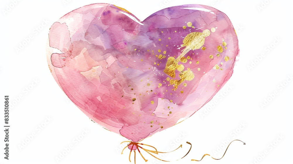 Beautiful watercolor heart balloon painting with pink, purple hues and gold accents. Perfect for romantic and festive designs. Beautiful watercolor heart balloon painting with pink, purple hues and gold accents. Perfect for romantic and festive designs.