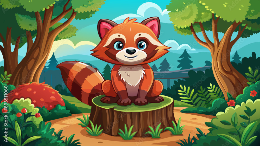 Fototapeta premium Playful and Charming Vector Illustration of a Cute Red Furred Raccoon Sitting on a Tree Stump in a Whimsical Forest