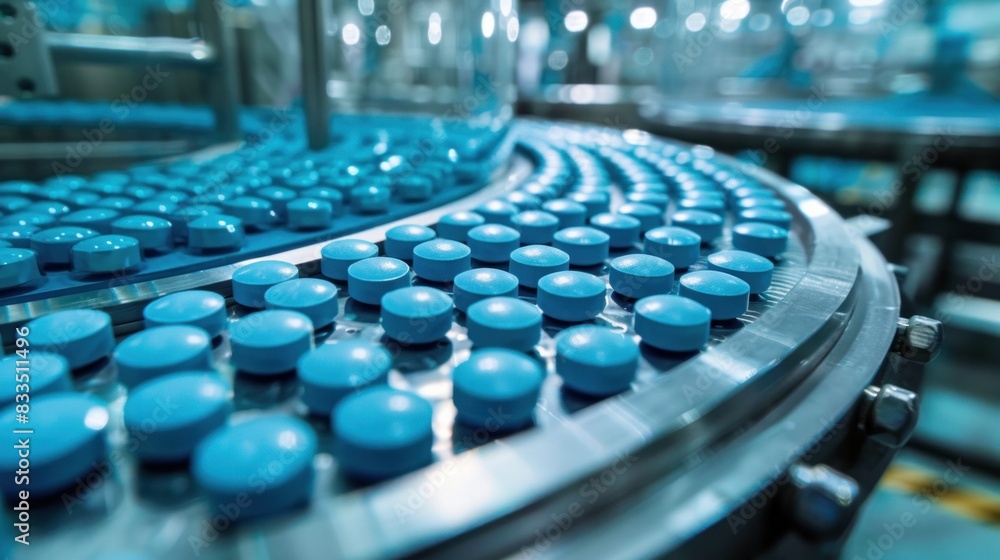 A Capsules are Moving on Conveyor at Modern Pharmaceutical Factory. A Capsules are Moving on Conveyor at Modern Pharmaceutical Factory.