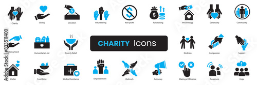 charity icon set. dual tone icons. Giving, Donation, Helping Hand, Volunteering, Nonprofit, Fundraising, Philanthropy, Generosity, Community, Kindness, Compassion, Support, Empowerment