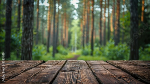 A blurred boreal forest background view with empty rustic wooden table.