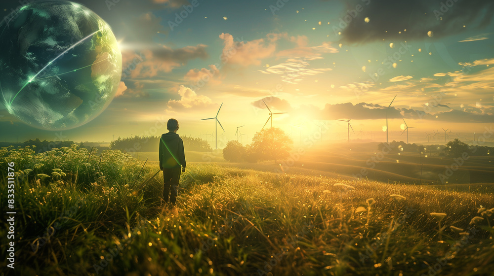 Fototapeta premium a man watching the sun and wind turbines