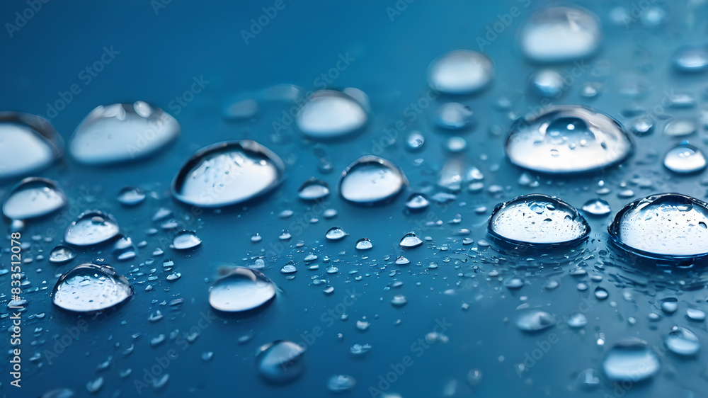 Blue background with natural water drops on glass, Generative AI