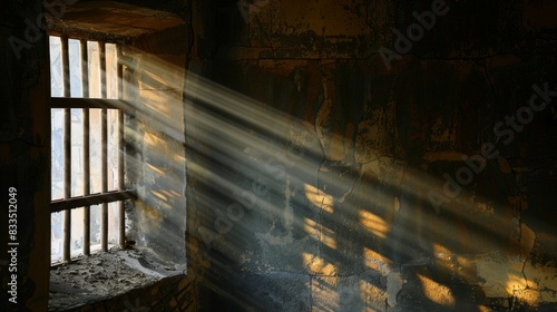 Prison cell interior , sunrays coming through a barred window