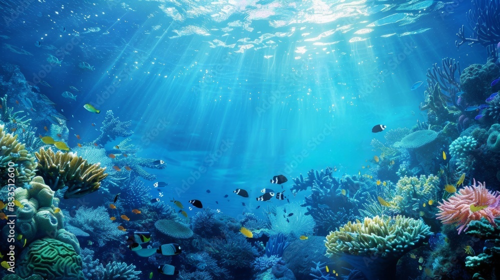 Fototapeta premium fantasy blue cyan deep ocean theme, coral, fish