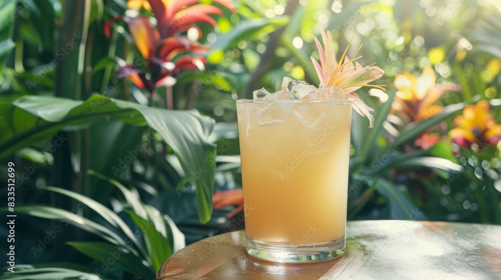 Tropical Cocktail amidst Flora - Refreshing Beverage in Natural Setting Tropical Cocktail amidst Flora - Refreshing Beverage in Natural Setting