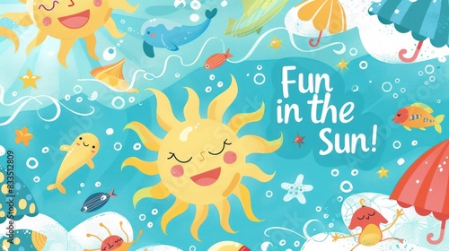Summer time children's themed design illustration with paintings of the sun and beach atmosphere