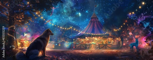 At a magical circus under the stars a Golden retriever and blue Maine Coon watch acrobats and magicians perform photo