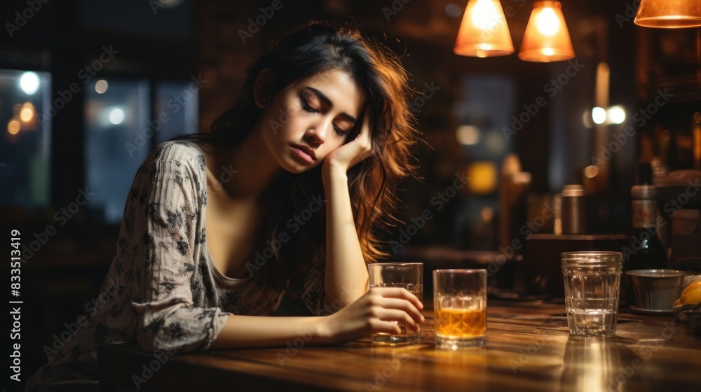 Image captures a young woman sitting at a bar with drinks in front of her, face blurred for anonymity Image captures a young woman sitting at a bar with drinks in front of her, face blurred for anonymity