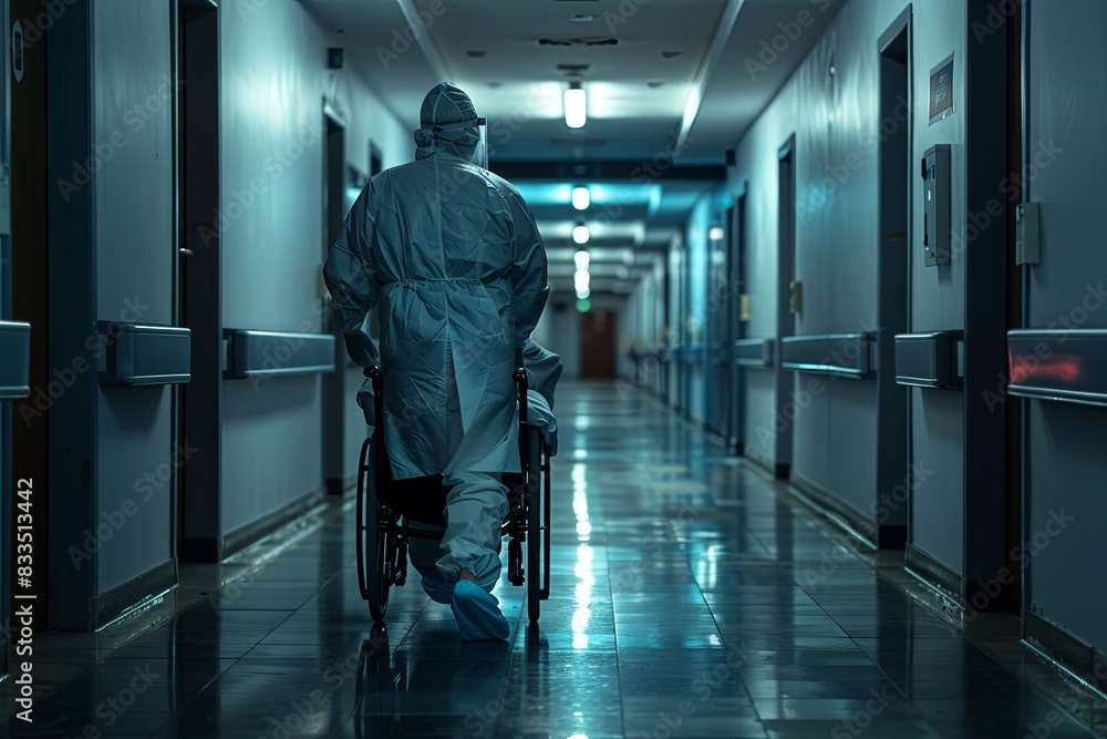 Obraz premium A man wearing a medical gown is walking down a hospital hallway