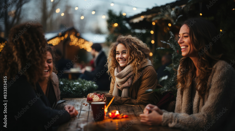 Group of young friends laughing and enjoying time at an outdoor winter market Group of young friends laughing and enjoying time at an outdoor winter market