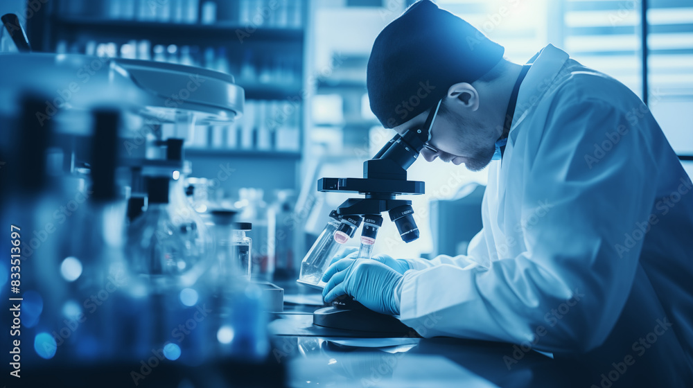 Fototapeta premium scientist working in a medical laboratory, using microscope for examining samples and liquid, Scientific and healthcare research banner background