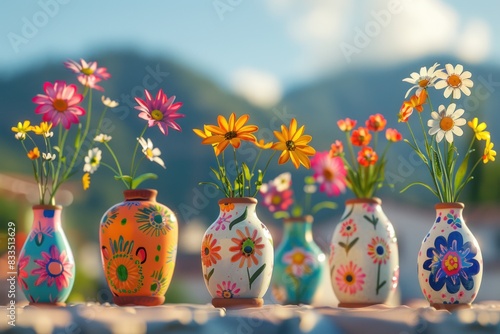 Bouquets of bright flowers in ceramic vases with floral designs