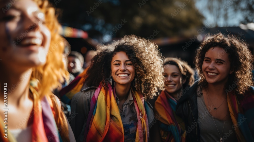Group of women smiling and celebrating surrounded by rainbow flags Group of women smiling and celebrating surrounded by rainbow flags