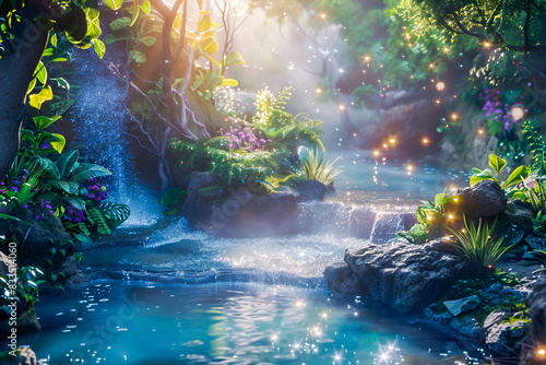 Enchanted forest with a crystal-clear stream and glowing plants