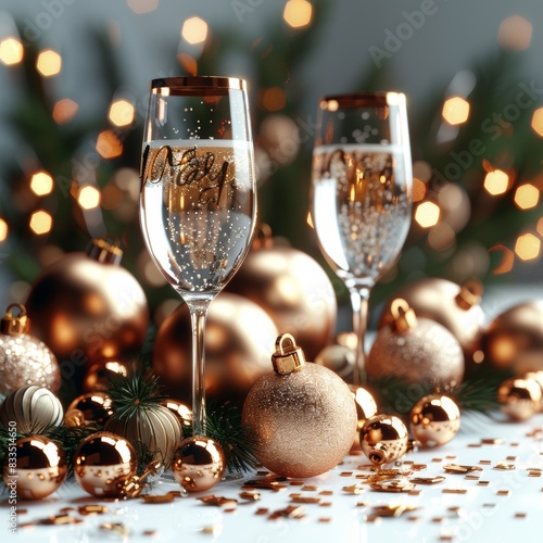 Two Champagne Flutes With Gold Ornaments and Christmas Tree