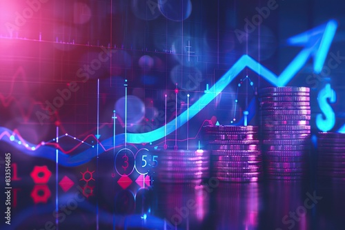 Money coin stack growing graph investment. Finance save. Success, growth wealth stock market. Business in the digital age. Trading chart in financial concepts. Prosperity. Cryptocurrency. Technology photo