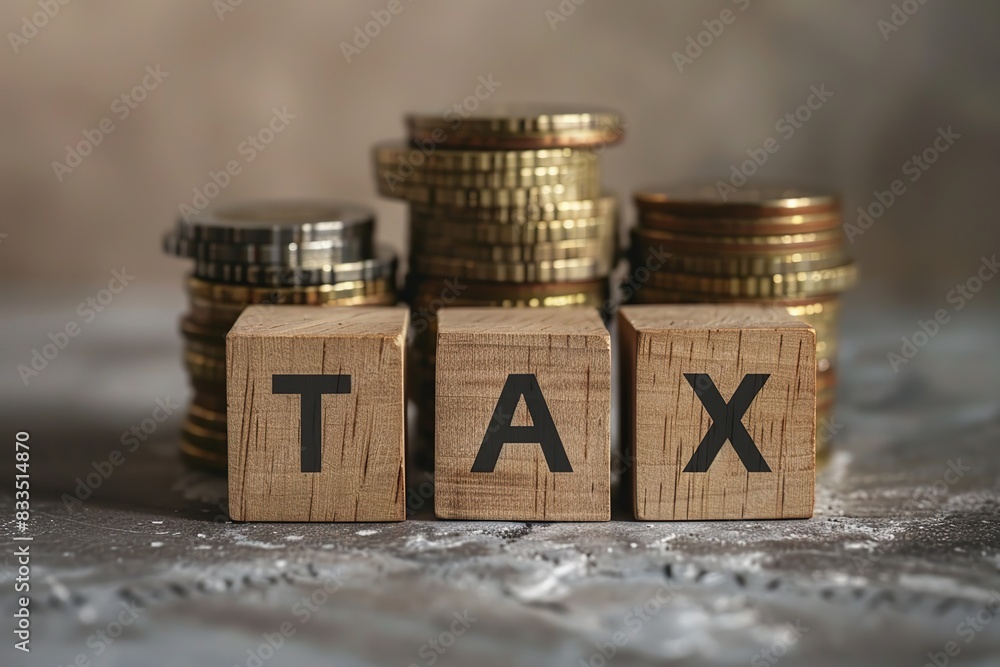 Tax season. Taxation. Word Tax on wooden blocks, calculator, coins stack. Paperwork, financial research, report. Calculation tax return. Personal banking. Finance. Planning budget. Calculating expense Tax season. Taxation. Word Tax on wooden blocks, calculator, coins stack. Paperwork, financial research, report. Calculation tax return. Personal banking. Finance. Planning budget. Calculating expense