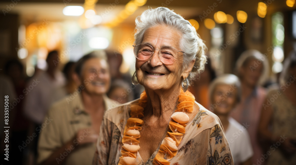 A cheerful senior woman with white hair and an orange scarf smiling warmly at the camera with blurred people in the background A cheerful senior woman with white hair and an orange scarf smiling warmly at the camera with blurred people in the background