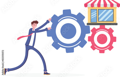 business management concept. planning, organizing and managing a business. direction and control of business activities. a businessman manages his business shop. illustration concept design. element

