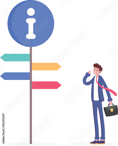 guiding concept. instructions and information. user tips and help. instruction manual and customer service. guide to help customers. a man looks at a signboard. illustration concept design


