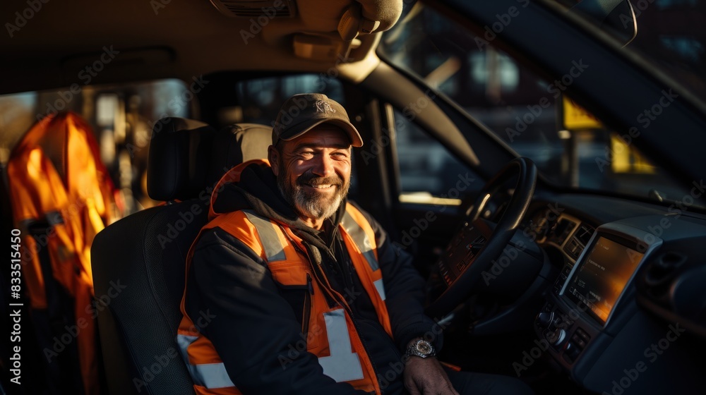 A worker wearing a high-visibility vest sits inside a vehicle with sunlight filtering through, highlighting safety gear A worker wearing a high-visibility vest sits inside a vehicle with sunlight filtering through, highlighting safety gear