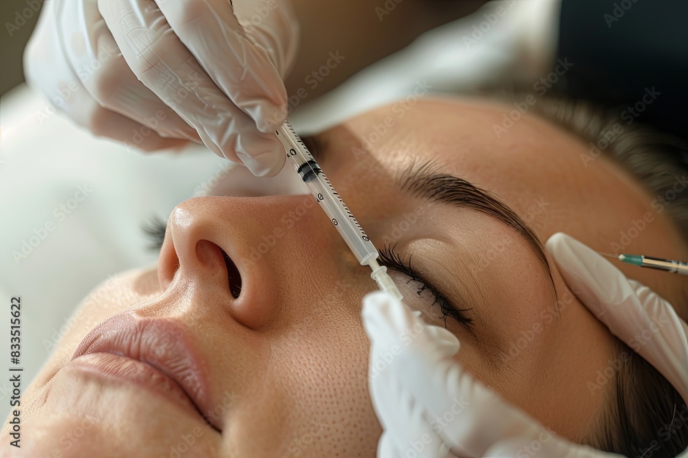 A woman is receiving botulage treatment from a doctor in a medical setting A woman is receiving botulage treatment from a doctor in a medical setting