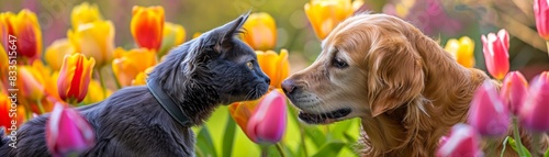 At a vibrant tulip festival a Golden retriever and blue Maine Coon frolic among the flowers photo