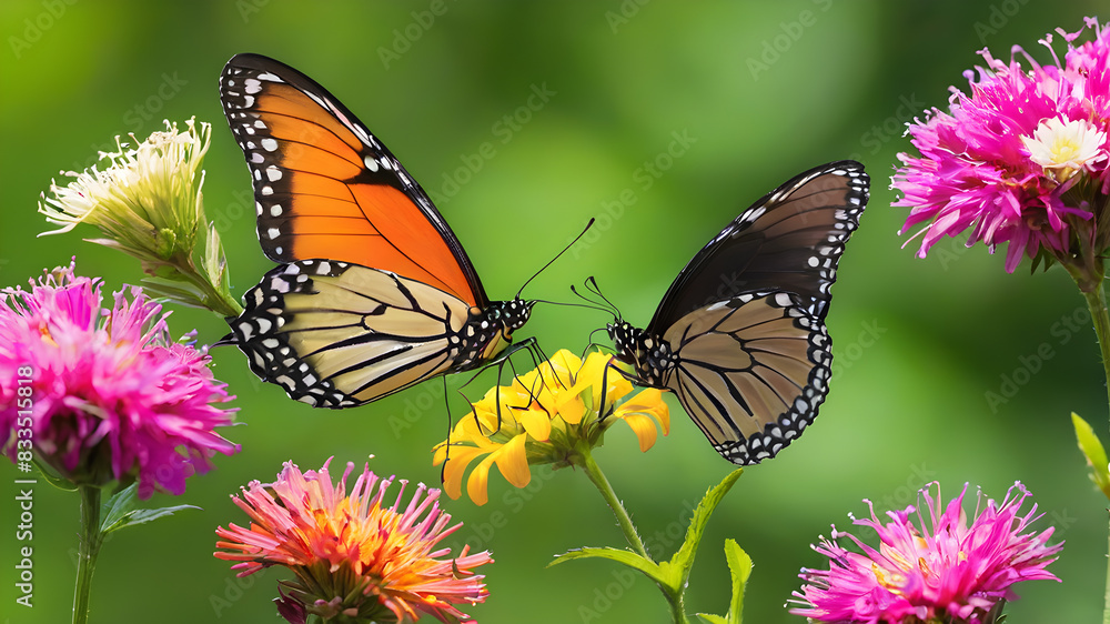 Obraz premium Colorful butterflies sucking nectar on flowers in nature. Green background. Generative AI