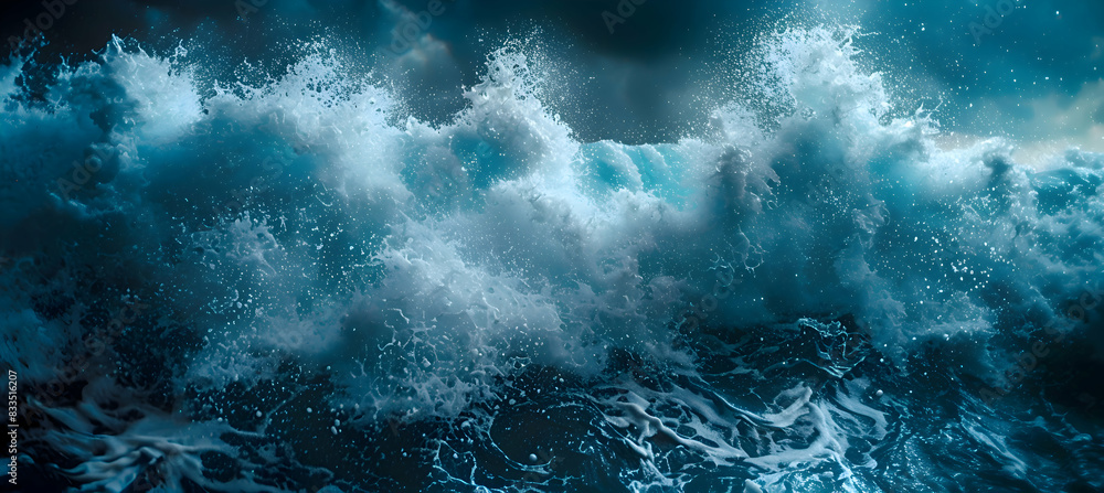 A close-up of nature ocean waves crashing against rocks, the spray creating a dramatic effect A close-up of nature ocean waves crashing against rocks, the spray creating a dramatic effect
