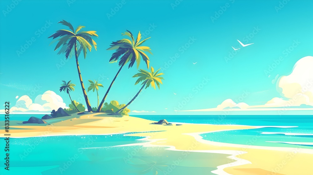 Palm-fringed beach under clear blue skies