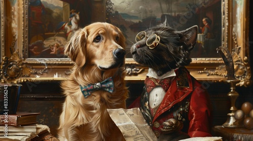 At an elegant art auction a Golden retriever and blue Maine Coon examine paintings and sculptures photo
