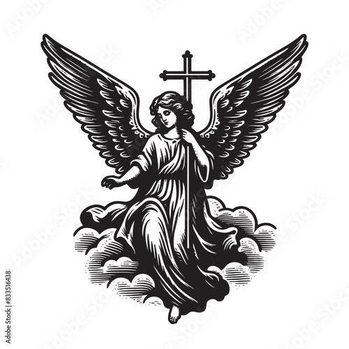 Holy angel with a cross.
Vintage engraving black vector illustration, isolated object, sketch, emblem, logo