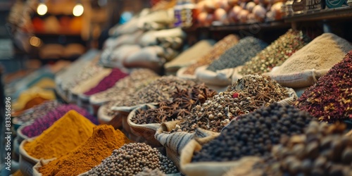 Display of spices and herbs from an oriental market, with the colors and textures taking center stage, evoking the exotic aromas and the bustling atmosphere of the market , ai generated © Seussi