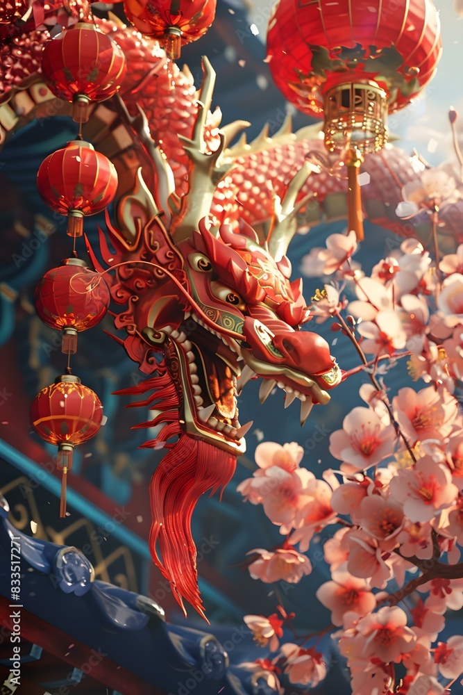 Obraz premium Dragon and Cherry Blossoms